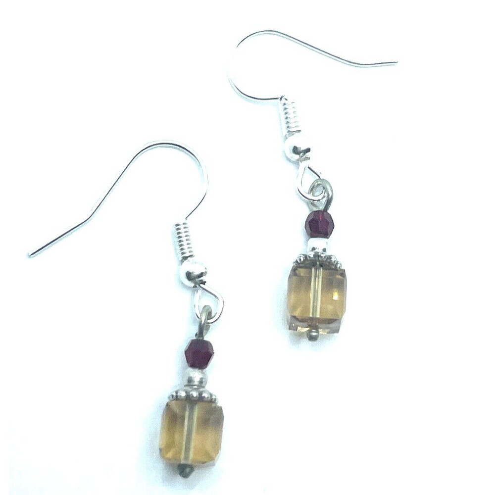 Brighton Square Tan Amber Cube Beads & Red Small Silver Custom Earrings